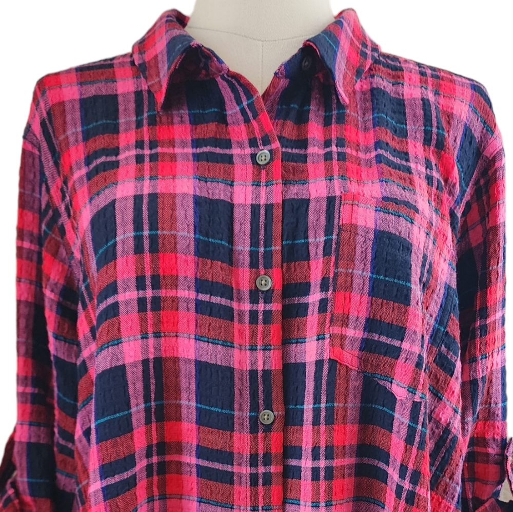 Intro 3/4 rolled sleeve plaid button-up collared over-shirt, sz XL